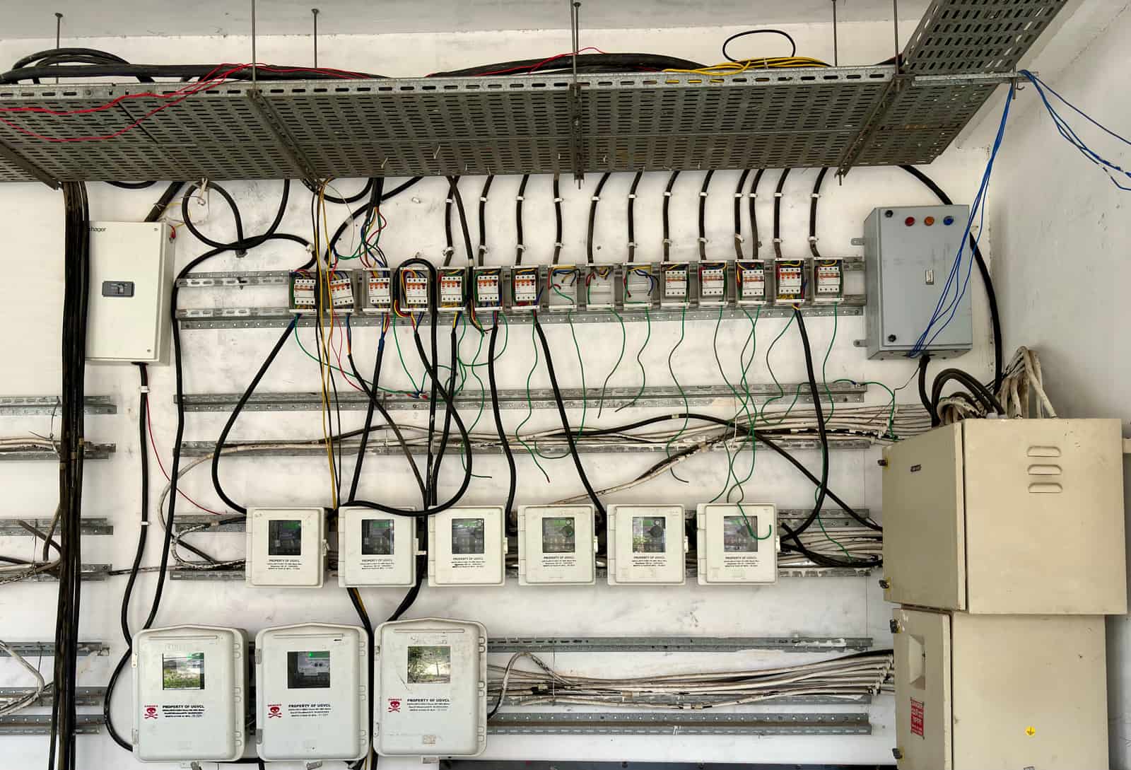 A domestic circuit breaker panel with the cover open